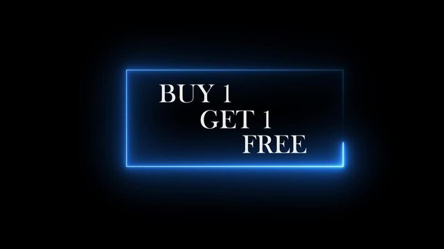 buy 1 get 1 free sale online and outlet text animation on black background .super sale editable text style effect illustrator. The best stock neon flickering, flash and white color black background.