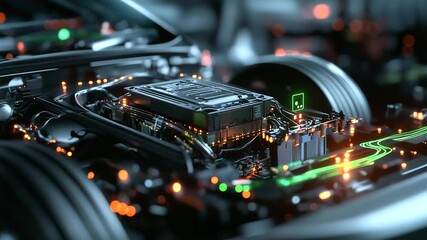 A highly detailed shot of an advanced battery management system (BMS) within an electric vehicle, with glowing indicators and precisely arranged electronic components.