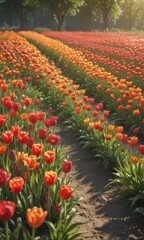 Sunlit meadow, vibrant tulips blooming in spring ,  celebration,  holiday