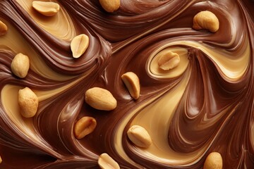 Fototapeta premium Smooth swirls of chocolate and peanut butter with scattered peanuts.