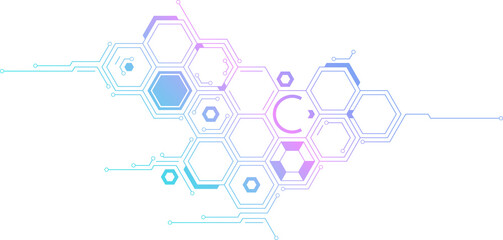 Hexagon pattern with circuit-like connection. Hexagonal shape mimicking fragment of abstract circuit board, for design on technological theme.