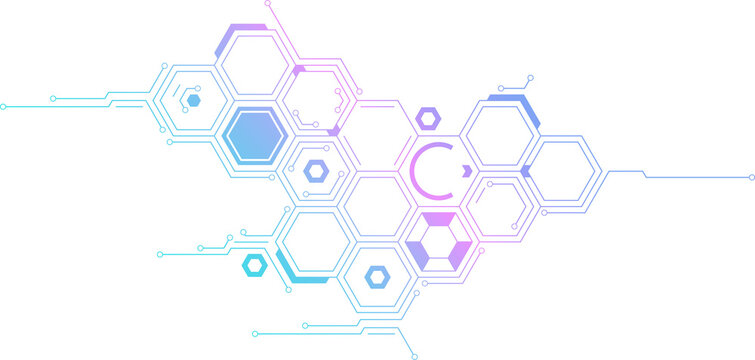 Hexagon pattern with circuit-like connection. Hexagonal shape mimicking fragment of abstract circuit board, for design on technological theme.