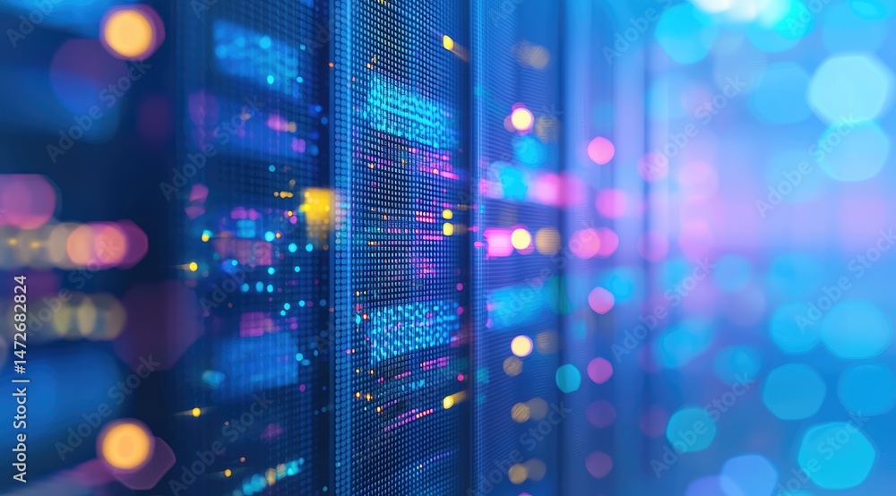 Poster colorful blue and purple lights reflecting off server racks create a vibrant data environment, repre