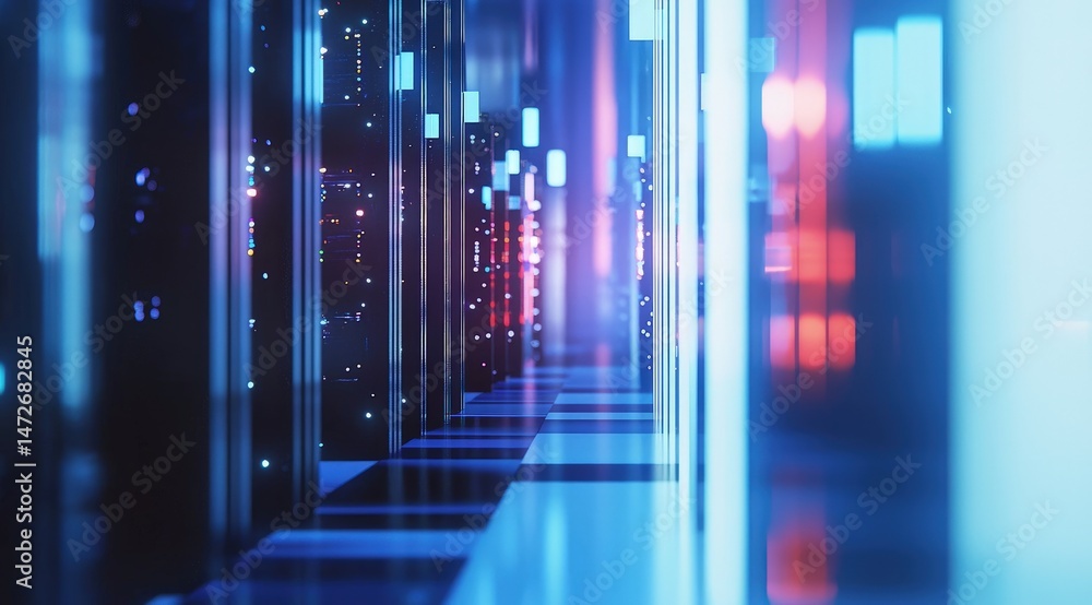 Poster futuristic corridor of data servers in blue light with reflections and glowing panels, illustrating 