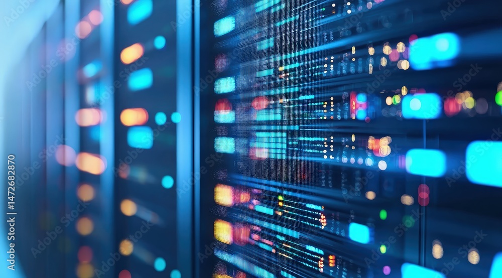 Poster Colorful data server room with blue and orange lights reflecting digital data flow, ideal for illustrating technology, network systems, and cloud computing concepts
