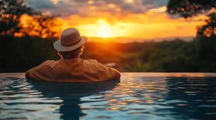 Serene sunset view from a swimming pool.