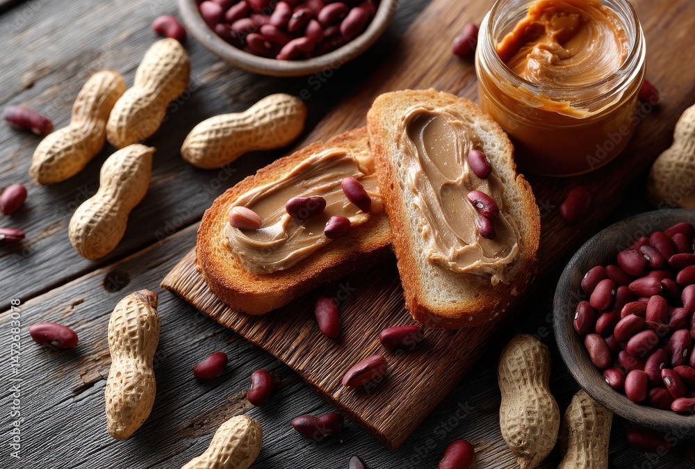 Poster delicious peanut butter spread on toast with peanuts and red beans on rustic wooden table for health