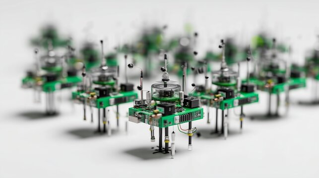 IoT soil moisture node cluster ready for field deployment with cinematic depth of field on isolated background