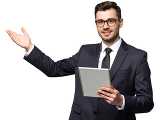 Professional Male Executive with Tablet in Hands, Transparent Background