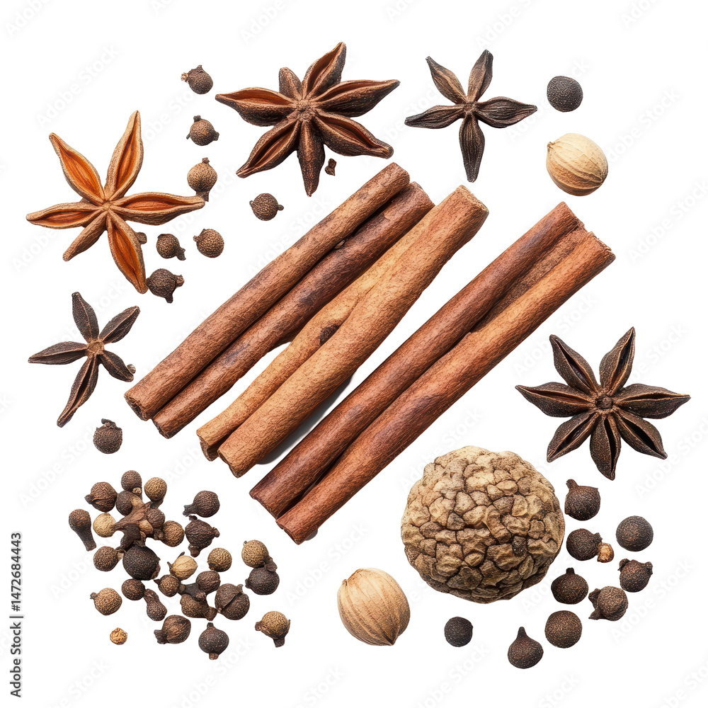 Poster aromatic spices displayed in an artful arrangement on a white surface showcasing their unique forms 