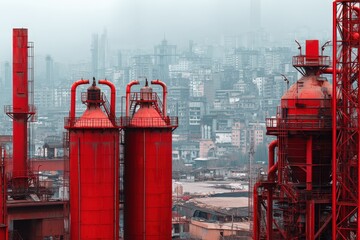 Red industrial structures in an urban skyline.