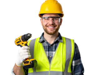 Friendly Construction Worker in Hard Hat and Vest, Transparent Background