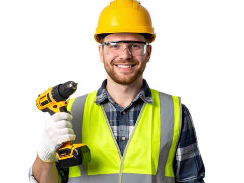 Friendly Construction Worker in Hard Hat and Vest, Transparent Background