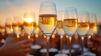 Obraz premium Sparkling wine glasses at sunset celebration.
