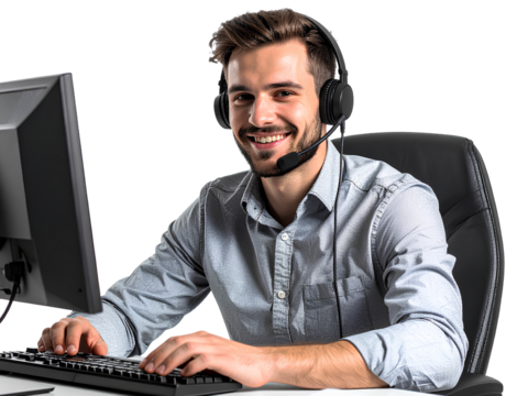 Smiling Support Agent with Headphones Helping Clients, Transparent Background