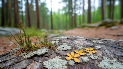 Obraz premium Small yellow flower-like growths on a weathered tree stump in a forest. Grass sprouts from the wood