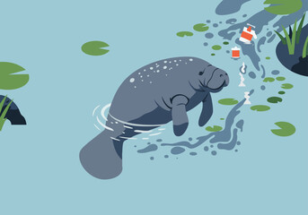A manatee swims near pollution in a Florida waterway. Illustrative style depicts a threatened animal impacted by chemical runoff.  A clear visual for environmental awareness.