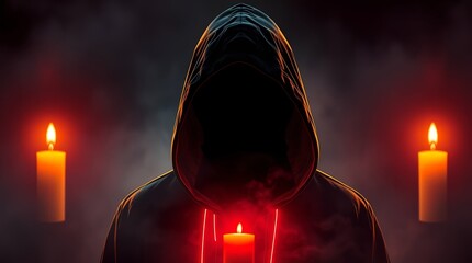 hooded figure with candles in dark eerie atmosphere for use in horror, mystery, or gothic themed projects