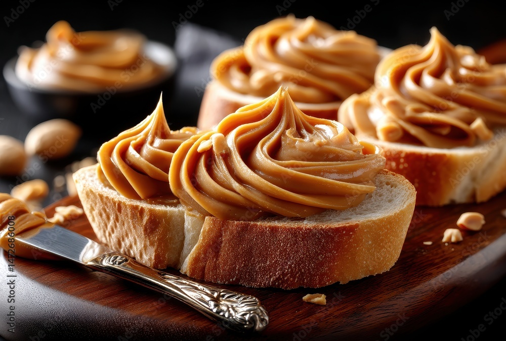 Poster delicious slice of bread topped with creamy peanut butter swirl, showcasing a tempting and inviting 