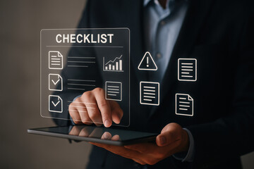 Checklist online document practices and policies concept, Businessman use tablets to check steps through policies document company articles of association Terms and Conditions, Quality inspection