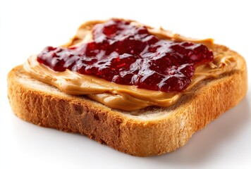 Delicious slice of toast with creamy peanut butter spread and bright red jelly topping, perfect for snacks, breakfast, or dessert lovers