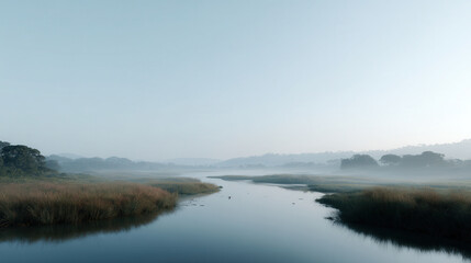 Fototapeta premium coastal wetland in el salvador with mist and fog showcasing natural symmetry