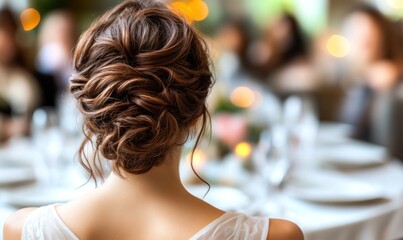 Elegant woman with a stylish updo at a sophisticated dinner party, surrounded by guests and soft lighting