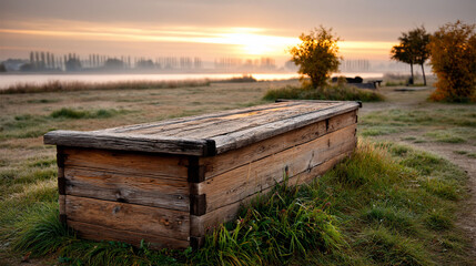 Weathered wooden chest amidst dewy serene landscape at sunrise