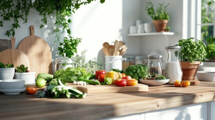 A clean and artistic food scene with assorted fresh fruits and vegetables on a wooden surface, styled with ceramic tableware and bathed in gentle daylight, celebrating a vibrant and nutritious lifesty