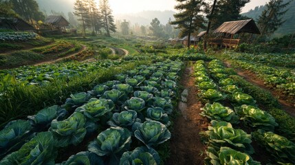 Fototapeta premium Organic vegetable farm with cabbage rows and wooden huts at sunrise in mountains.