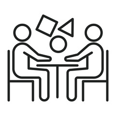 Two simple people sit at a table with shapes above it in a line drawing style. Editable line stroke