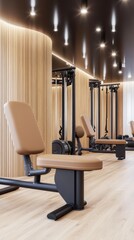 Contemporary fitness interior with streamlined equipment, warm wooden accents, and atmospheric lighting creating a focused and motivating workout environment.
