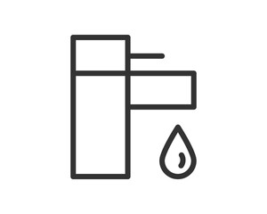 Clean line art icon of a faucet with a water droplet, representing plumbing, hygiene, or resource conservation. Use for web design, apps, or infographics. Vector.