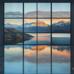 Majestic mountain vista reflected in a modern window