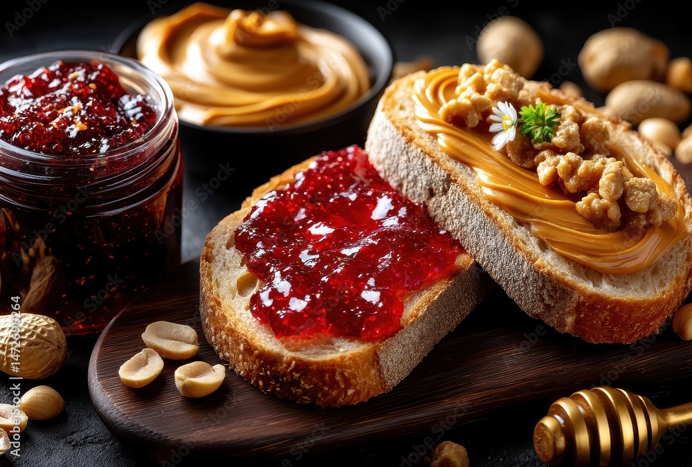 Poster delicious spread of peanut butter and jam on toast with nuts and honey drizzled on wooden board in c
