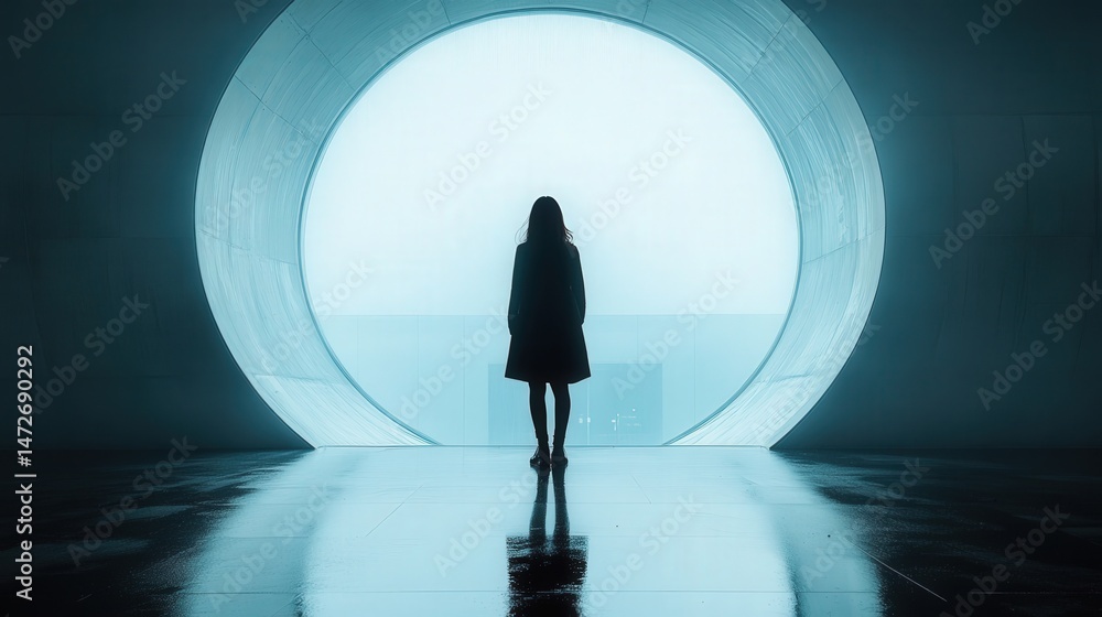 Poster silhouette figure facing a large circular window.