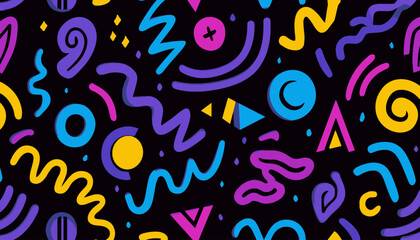 Fototapeta premium Memphis Geometric Seamless Pattern � Multicolor Retro 80s 90s Abstract Design with Shapes and Doodles