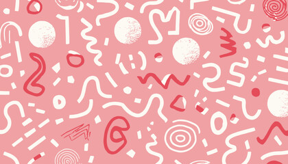 Memphis Geometric Seamless Pattern � Pink Pastel Retro 80s and 90s Style with Circles, Semicircles, Dots, Zigzags, and Spirals in Cute Kid Doodle Design