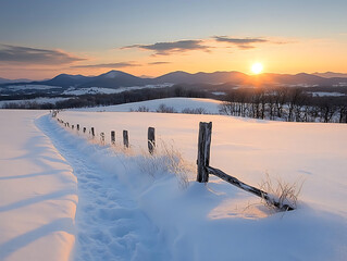Snowy Path, Sunrise, Farmland, Mountains