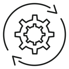 Two simple gears connect as arrows circle around them, it shows the process of things working or maybe a system working well. Editable line
