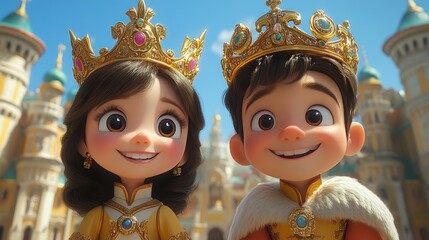 Animated royal children in crowns, cheerful faces,  castle background