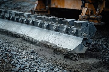 Heavy construction equipment grader blade on gravel surface in action