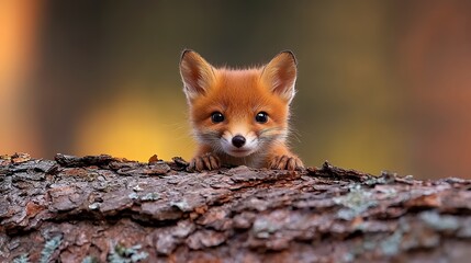 Obraz premium Fox Cub Peeking Over Log