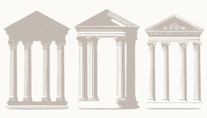 Obraz premium Greek and Roman Column Temple Set � Vector Ancient Architecture with Doric, Ionic, and Corinthian Pillars in 3D Stone Design