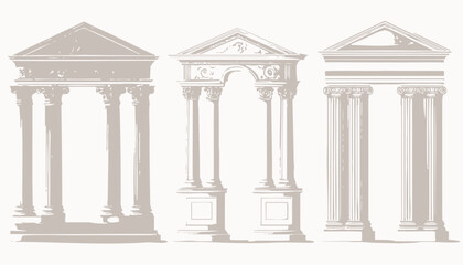 Obraz premium Greek and Roman Column Temple Set � Vector Ancient Architecture with Doric, Ionic, and Corinthian Pillars in 3D Stone Design
