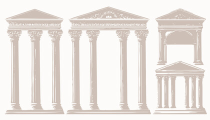 Fototapeta premium Greek and Roman Column Temple Set � Vector Ancient Architecture with Doric, Ionic, and Corinthian Pillars in 3D Stone Design
