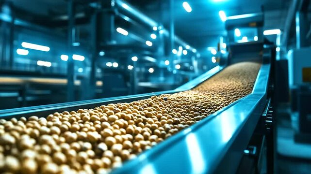 A well-lit processing plant where soybeans are sorted by size and quality on a conveyor belt, symbolizing the precision and high standards of industrial food manufacturing.