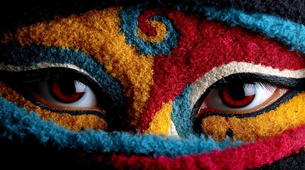 Close-up of intense eyes with vibrant, textured face paint