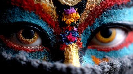 Close-up of vibrant, painted eyes and face, partially obscured by fabric