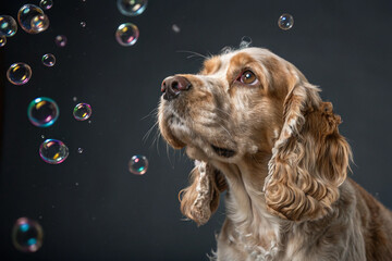 Cocker Spaniel Covered in Soap Bubbles Giving Side Eye